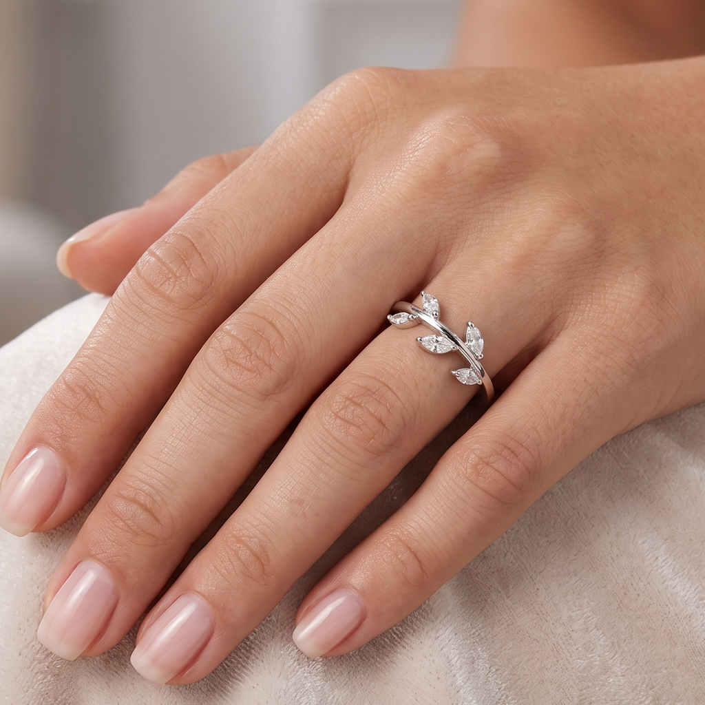 Crystal Leaf Ring by VERSORI – 925 sterling silver ring, view 2